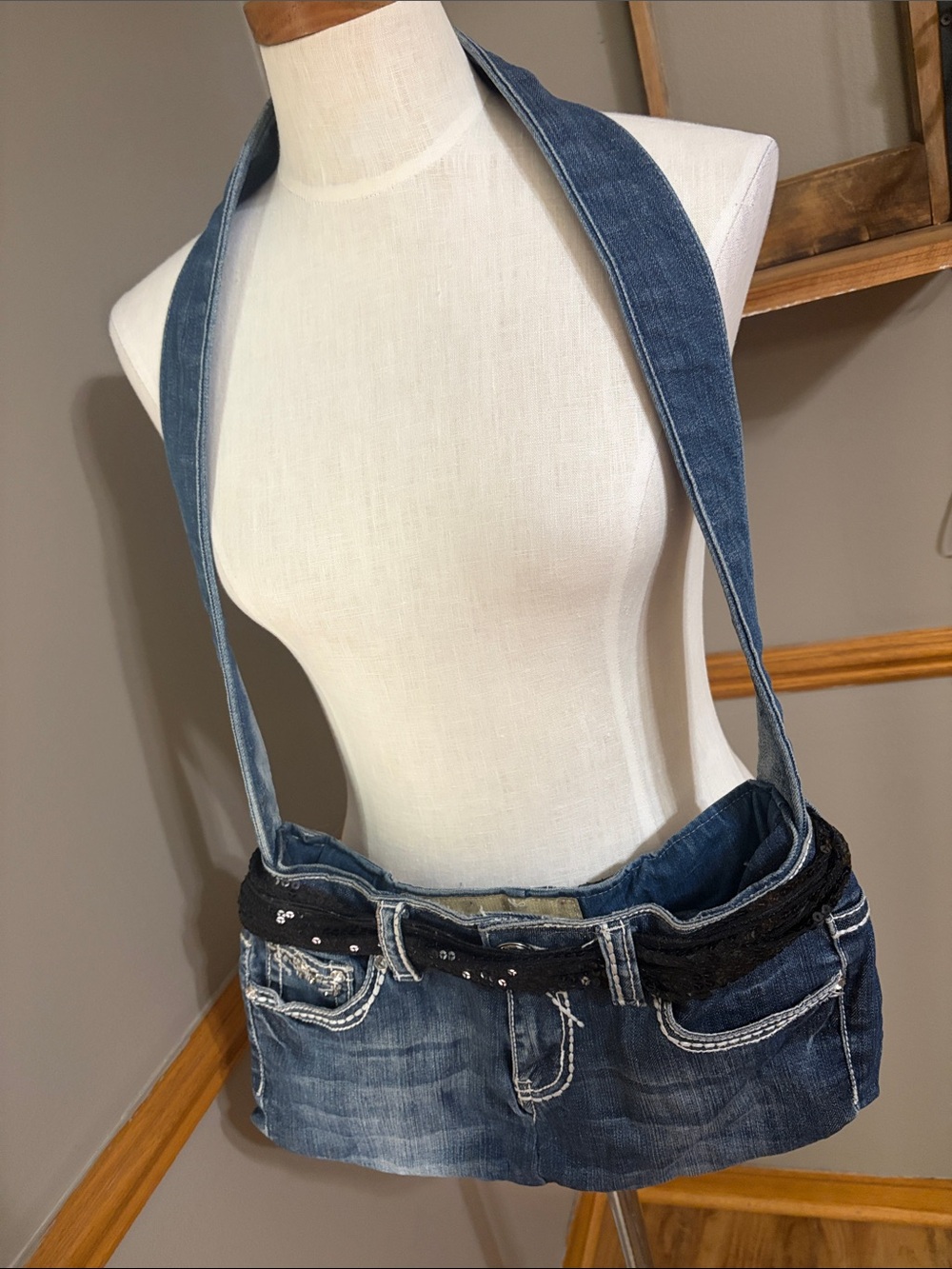 Miss chic jeans Y2K Denim up-cycled Crossbody Purse with bling jeweled pockets